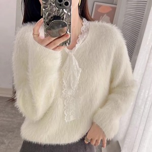 เสื้อสเวตเตอร์ลำลองผ้าขนแกะแขนยาวคอวีสำหรับผู้หญิงเสื้อสเวตเตอร์ลูกไม้ด้านหน้าโลโก้งานเย็บปะดีไซน์ทรงหลวม - Product Image 3