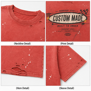 Camiseta Roja Teñida con Efecto Salpicado de Pintura, Estilo Desgastado, Algodón Grueso, Corte Holgado, Estilo Urbano Vintage, Personalizada para Hombre - Product Image 3