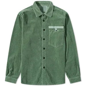 Olive Green Overshirt For Men Custom Logo Designs Cotton Corduroy Shirt Button Down With Chest Pocket