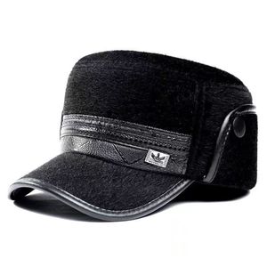 Winter Faux Fur <b>Flat</b> <b>Cap</b> For <b>Men</b> Black With Ear Flaps And Fleece Lining Warm Hat For Seniors And Dads - Product Image 3