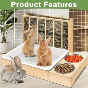 Mangeoire à foin en bois 3 en 1 pour lapins avec 2 bols et cuvette de toilette pour cobaye hamster chinchillas - Product Image 3