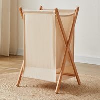 Panier à linge pliable CF en toile crème avec étagère inférieure et support en bambou – Organisateur de vêtements pliable