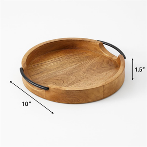 Bandeja Otomana Decorativa de Madera Natural Minimalista para Bodas, con Asas de Hierro, Forma Redonda, Multifuncional - Product Image 2