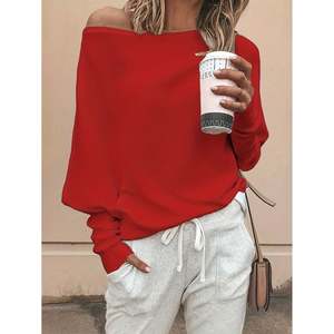 Top de punto acanalado con hombros descubiertos para mujer, suéter de manga larga rojo, ropa informal - Product Image 1