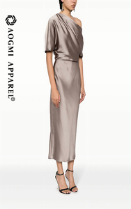 Alta costura de lujo para mujer, verano, Color sólido, hombro asimétrico, hasta la rodilla, vestido hasta el té, tafetán de seda 100%, antiarrugas - Product Image 3