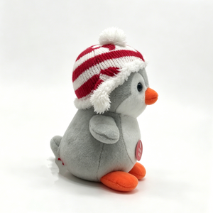 Customized Penguin plush toy, winter penguin stuffed animal, cute gray penguin plush with red knit hat, festive <b>holiday</b> penguin - Product Image 3