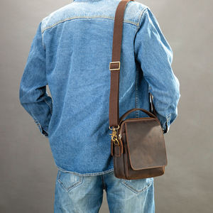 Sac de messager à rabat en cuir véritable Crazy Horse pour hommes rétro Vintage petit sac à main à bandoulière étanche Durable léger - Product Image 3