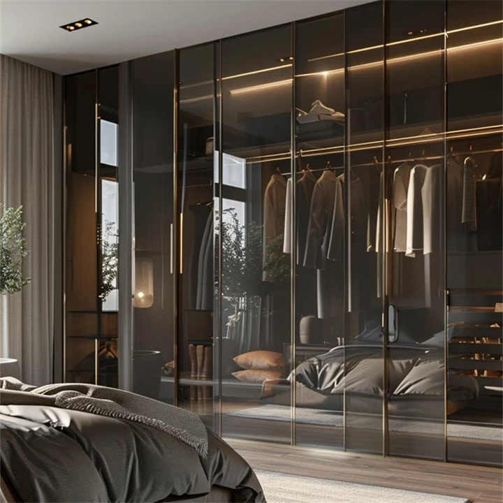 Luxury Black Wall Mounted Wardrobe with Glass Doors
