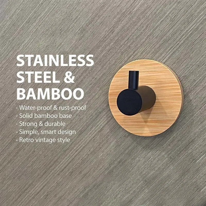 Decorative Heavy Duty Wall Coat Hooks With Wooden Bamboo Base Black Stainless Steel Self Adhesive Wall Towel Hooks