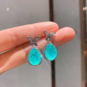 Fashionable Eco-friendly Copper Pear Cut 15*25mm Blue Zircon Teardrop Pendant and <b>Earrings</b> <b>Set</b> Butterfly Jewelry <b>Set</b> for Women - Product Image 3