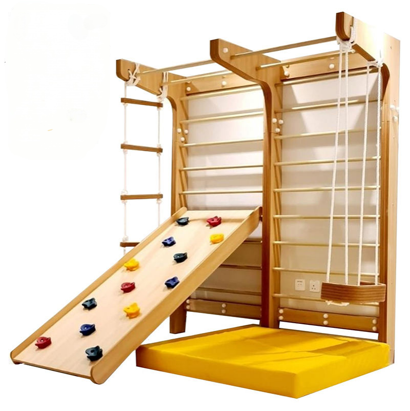 Escalera Sueca De Pared Para Niños – Complejo Deportivo Con Anillas, Cuerda, Columpio Y Barra, Altura 240 Cm, Madera De Haya Y Pino