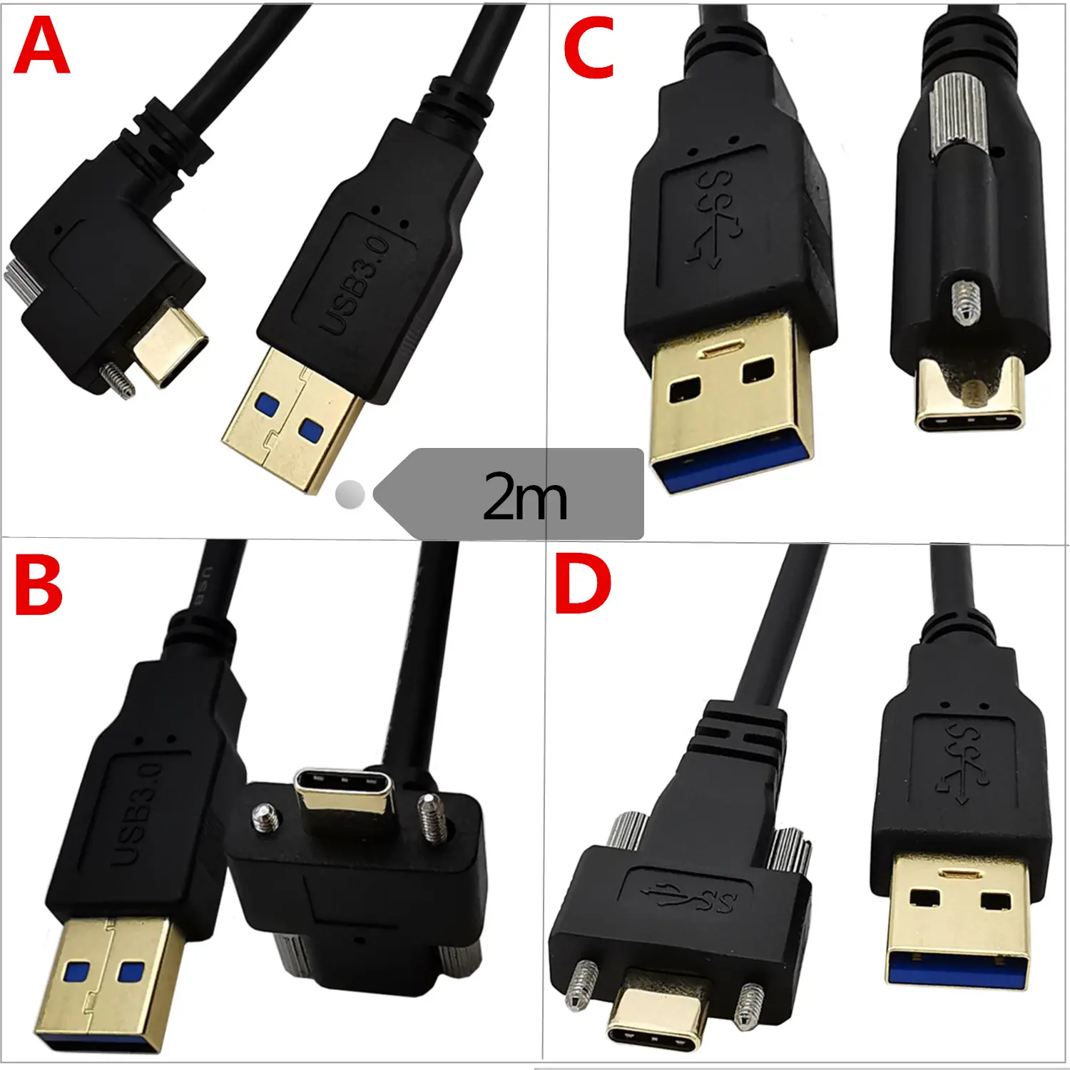 Gold plated 90 Degree Angled USB 3.1 Type-C Dual Screw Panel Mount Locking to Standard USB3.0 Data Cable for Camera 2m