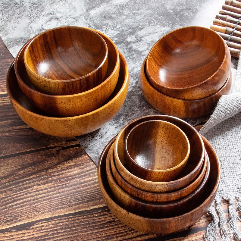 Japanese Style Tableware Wooden Bowl Set Wood Fruit Food Serving Salad Soup Bowl Acacia Wood Salad Bowl for Kitchen Utensils