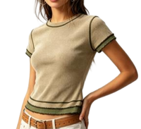 T-shirt court côtelé vintage pour femme, bord festonné vert contrastant, manches courtes, style Y2K, coupe ajustée, décontracté, streetwear d'été