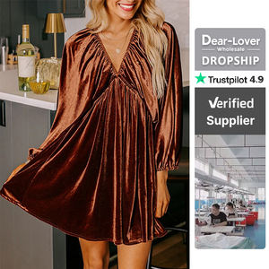 Sevgili-sevgilisi toptan kadınlar kil elastik V boyun puf kollu kısa kadife elbise - Product Image 1