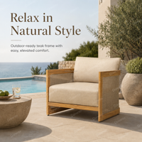 Fauteuil de salon d'extérieur en teck naturel et rotin, fauteuil club à assise profonde, mobilier rembourré pour patio, jardin, resort, villa, bord de piscine