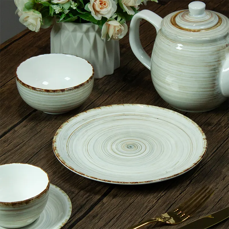 2024 Nordic Hand-painted Swirl Design Ceramic Dinner Dishes Plates Set Earthenware Set de Vajilla Porcelain Crockery Dinnerware