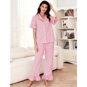 Womens Plaid Pajamas Set 2 Piece Cotton Short Sleeve Button <b>Down</b> Shirt Gingham <b>Pants</b> Ruffled Hem Lounge Wear Sleepwear - Product Image 2
