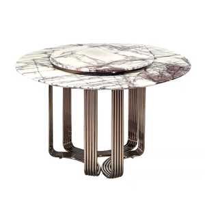 Tavolo da Pranzo Rotondo di Design Italiano Stile Moderno di Lusso in Marmo Naturale con Piano Girevole e Gambe in Acciaio Inossidabile - Product Image 1