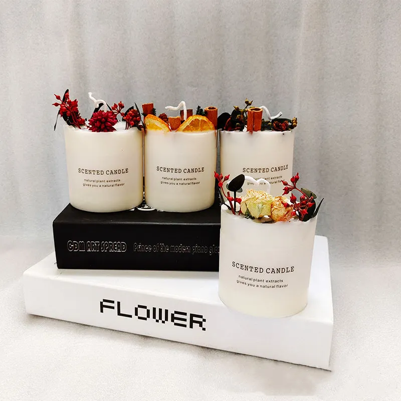 Luxury scented candles with dried flowers for wedding and celebrations