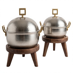 Luxury Hammered Hot Pot With Wooden Stand Stainless Steel Casserole Gold Handle Ramadan Gift - Product Image 1
