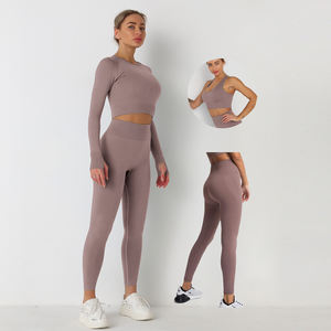 Ensemble de yoga sans couture pour femmes, vêtements de sport, vêtements de gym, haut court à manches longues, leggings taille haute - Product Image 1