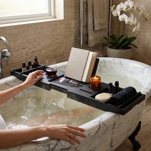 Accesorios de Baño de Bambú Negro Ajustables y Expandibles, <span class=keywords><strong>Bandeja</strong></span> de <span class=keywords><strong>Bañera</strong></span> de Lujo de <span class=keywords><strong>Madera</strong></span> con Portavasos y Soporte para Libros - Product Image 1
