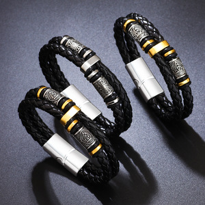 Bracelet Viking Nordique en Acier Inoxydable Doré, Double Chaîne en Cuir Tressé, Bijou Géométrique pour Homme, Cadeau - Product Image 1