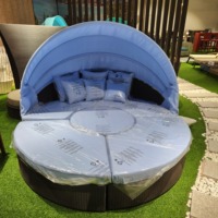 Sofá Cama Redondo de Ratán para Exteriores, Multifuncional, para Jardín, Villa, Piscina, con Toldo Retráctil