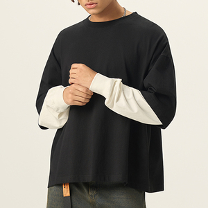 Camiseta Personalizada de 280 g/m², Estilo Americano Y2K, Divertida, Estampada, con Parches, de Doble Capa <span class=keywords><strong>y</strong></span> Manga Larga para Hombre - Product Image 1