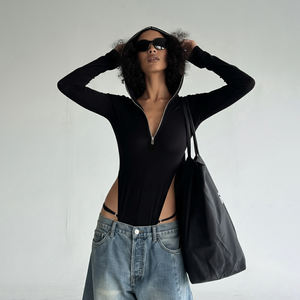 Cut-Out Bodysuit Women Hooded Zip Fitted Top Asymmetric Hot Girl Edgy Cool Long Sleeve Shirt - Product Image 2