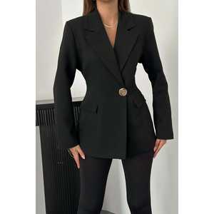 Blazer Negro Entallado al Cintura con Cierre de un Botón, Largo, Estampado Sólido, Tallas Grandes, Bordado, de Un Solo Pecho, Venta al por Mayor - Product Image 2