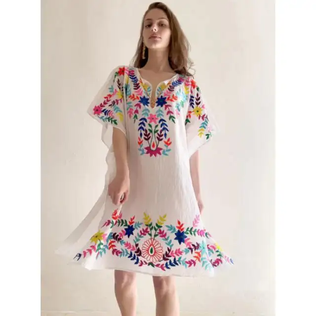 Nakış plaj mayo kadınlar renkli püskül güzel okyanus Boho Hippie Chic Kaftan ile örtbas parlak karmaşık