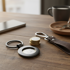 Round Key Ring 40mm Diameter Burnished Fashion Style Coin Holder Stainless Steel and Brass Material <b>Leather</b> Metal <b>Keychain</b> - Product Image 3