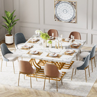 Table à manger Tribesigns de 63 pouces, design luxueux, plateau en faux marbre blanc et or, base en métal doré géométrique, pour 6 personnes
