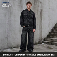 Ensemble veste et pantalon baggy en jean délavé noir épais personnalisé ODM avec appliques graphiques pour le streetwear urbain