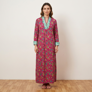 <b>Boho</b> V-Neck Woven Silk Maxi Dress with Paisley Print Regular Fit Short Sleeve Contrast Collar Summer Casual Wear - Product Image 1