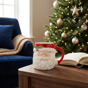 Mug en céramique sculpté en 3D avec visage de Père Noël, <span class=keywords><strong>barbe</strong></span> bouclée en relief, feuille de houx, baie, poignée en forme de chapeau rouge, tasse à chocolat chaud de Noël pour cadeau de fêtes - Product Image 2