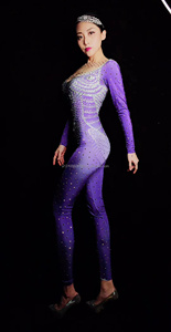 <span class=keywords><strong>Mono</strong></span> de manga larga con diamantes de imitación para mujer, traje sexy de escenario, color morado, DjDs guest gogo - Product Image 6