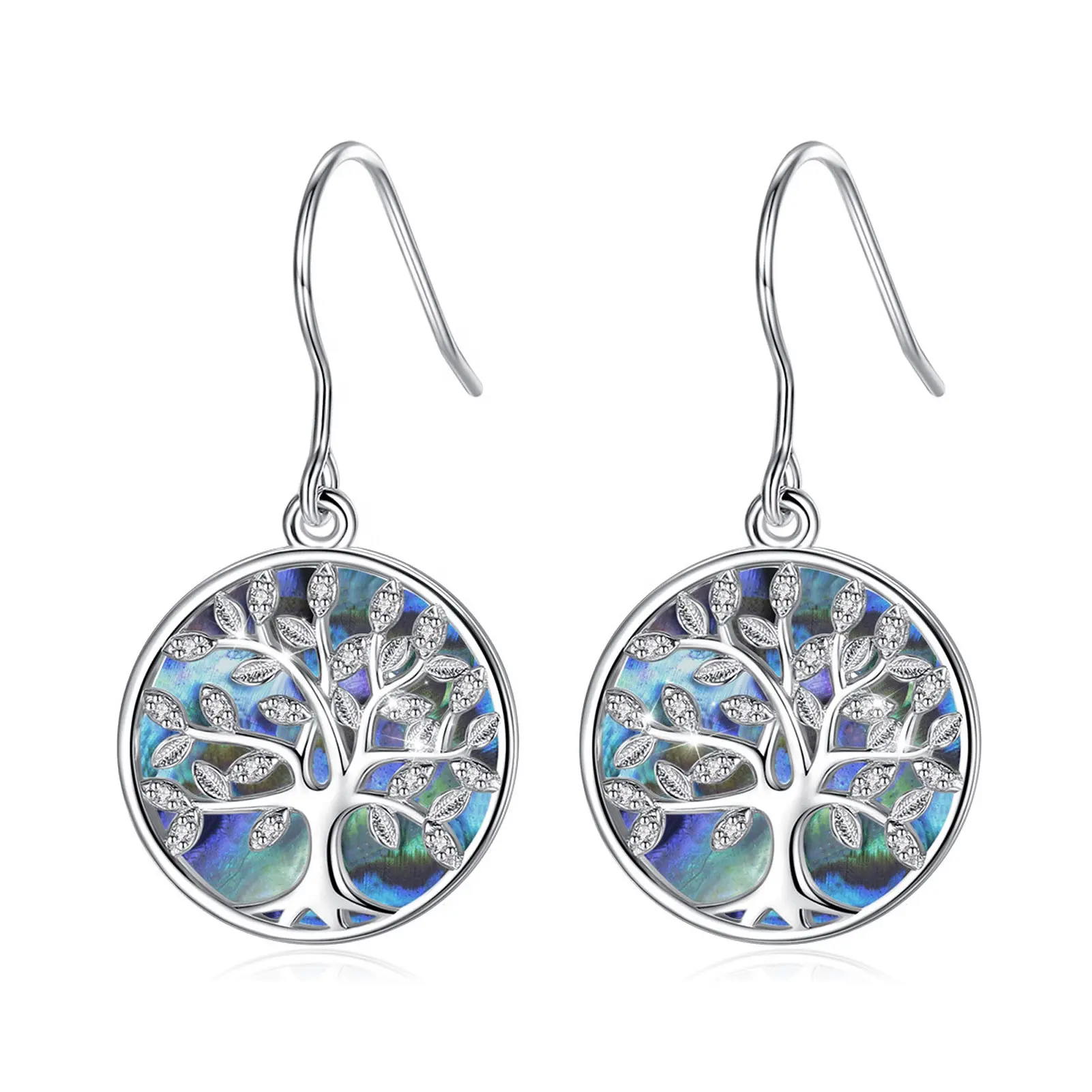 Merryshine 925 sterling silver family tree of life abalone shell dangling drop earring