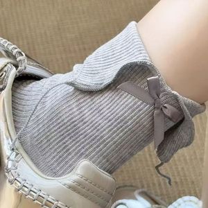 Cotton Crew <b>Socks</b> With Bow Light Gray Mid Calf For Women Breathable Sweat Absorbing Odor Resistant Youth Style - Product Image 1