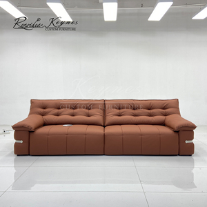 Canapé inclinable 3 places en cuir véritable Keynes, dossier capitonné, accoudoirs rembourrés, structure en bois massif, inclinaison manuelle, mobilier de salon - Product Image 5