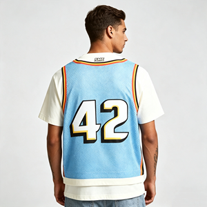 Camiseta <span class=keywords><strong>de</strong></span> <span class=keywords><strong>baloncesto</strong></span> <span class=keywords><strong>de</strong></span> malla con efecto <span class=keywords><strong>de</strong></span> dos piezas para hombre, estampada a medida, estilo crop top, número 42, ropa urbana hip hop, venta al por mayor. - Product Image 6