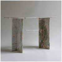 Table console moderne de luxe en onyx vert et rose, sur mesure, semi-ovale, en pierre naturelle, pour entrée de villa ou salon