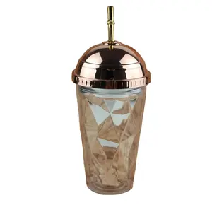 Tumbler With Straw-Emas dan Rose Golden Double Wall Minum Cangkir Kopi Mug 16Oz Tidak Teratur Diamond Diamond dengan Kubah Tutup