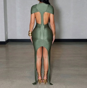 Viviblook J26DS116 Women Summer Casual Dress Sexy Round Neck Short Sleeved Back Hollowed Out Ribbon <b>Mini</b> Bodycon Dress - Product Image 1