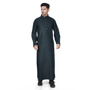 Túnica Masculina Color Verde Azulado Oscuro, Manga Larga, Cierre de Botones, Cuello Alto, Estilo Tradicional Saudí, Kuwaití, Emiratí, Islámico, Musulmán - Product Image 1