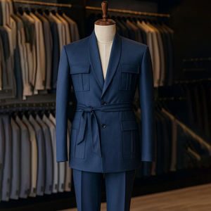 <span class=keywords><strong>Costume</strong></span> homme bleu marine avec ceinture, revers châle, coupe ajustée, blazer simple boutonnage, vêtement de luxe 2 pièces (veste et pantalon) pour le quotidien - Product Image 1