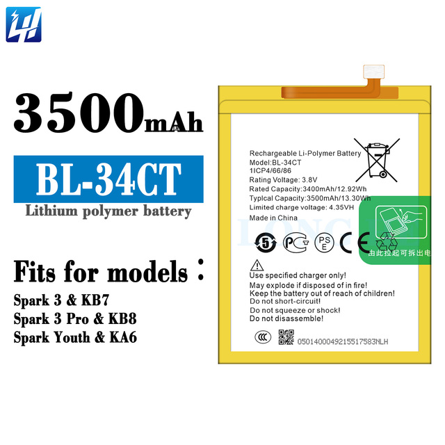 BL-34CT Spark 3 KB7 Spark 3 Pro KB8 Mobile Phone Battery for Tecno Spark Youth KA6