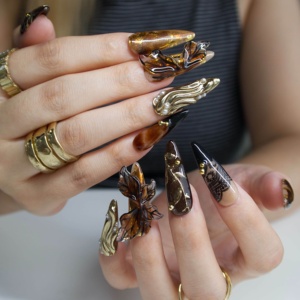 Ongles en acrylique à presser, forme amande longue, <span class=keywords><strong>papillon</strong></span> 3D, feuille d'or, motif végétal, design personnalisable pour fête/rendez-vous/banquet/usage quotidien - Product Image 5